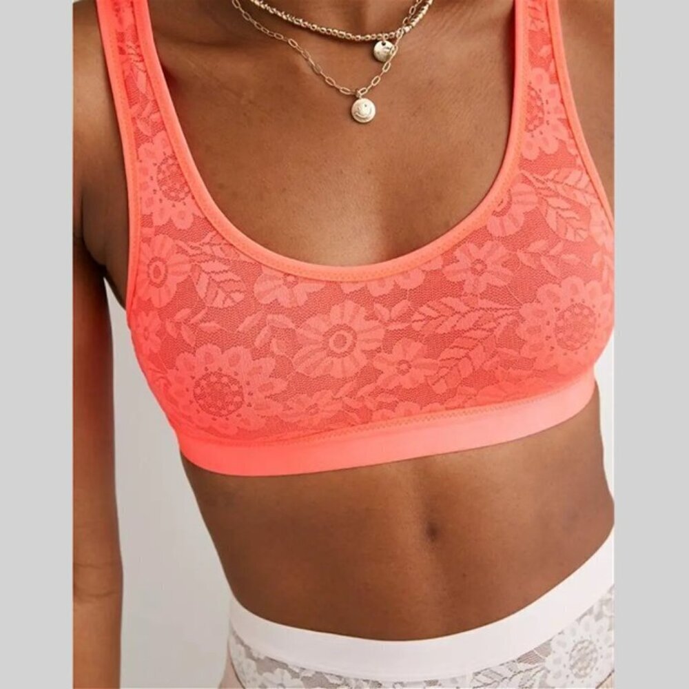 Aerie - Smoothez Floral Lace Mesh Scoop Bralette in Neon Coral Pink​​​​